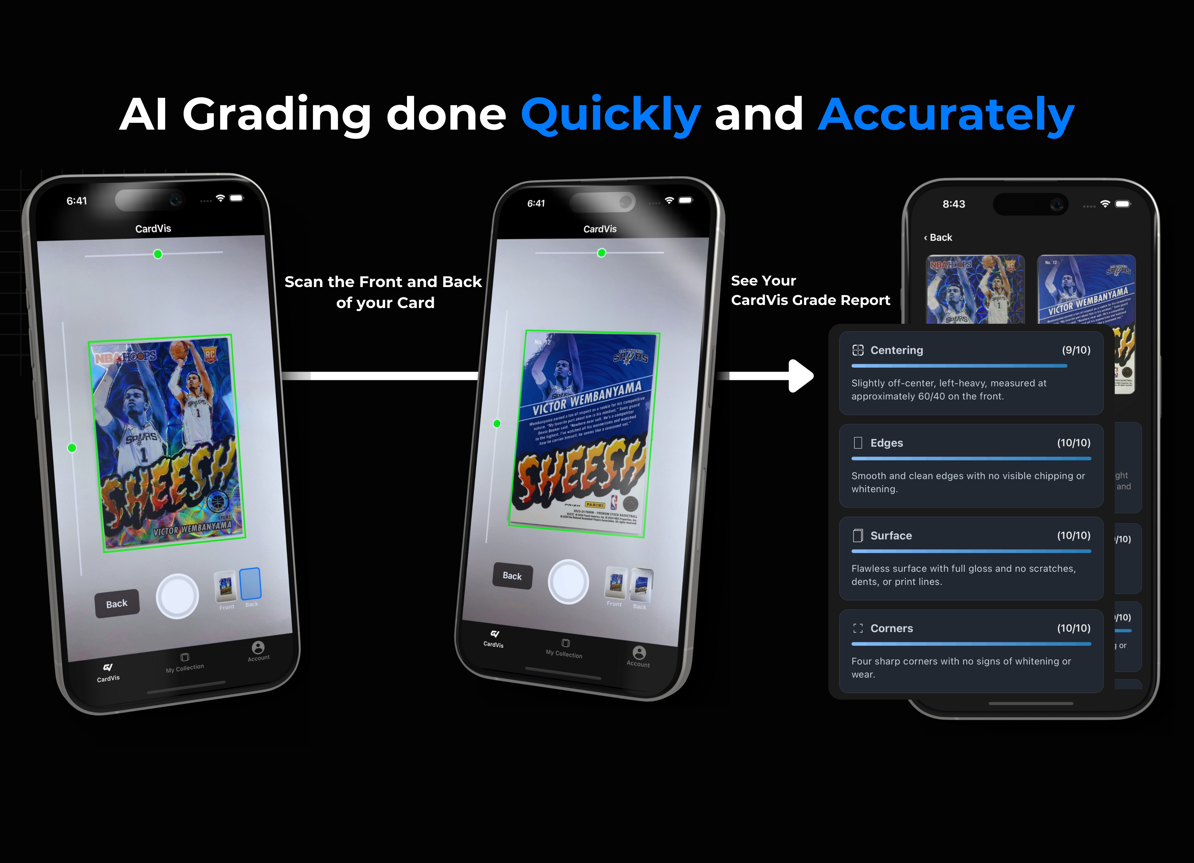 CardVis workflow - scan front and back, get detailed grading report